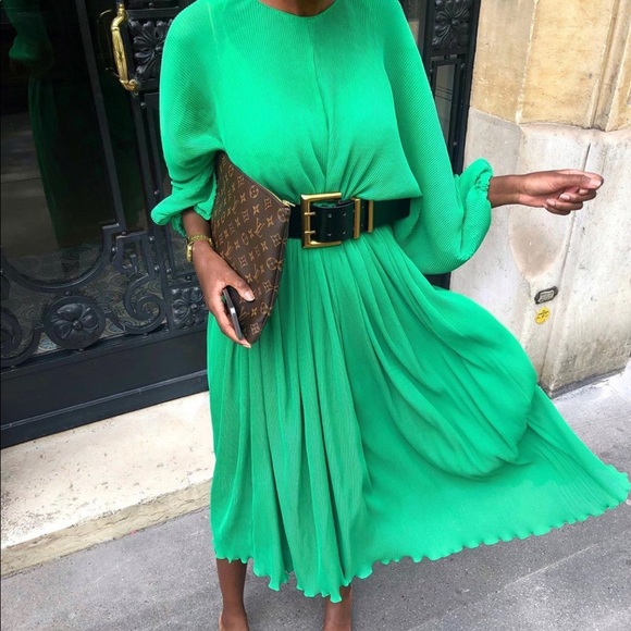 Zara Dresses Nwt Zara Green Pleated Satin Midi Dress Poshmark